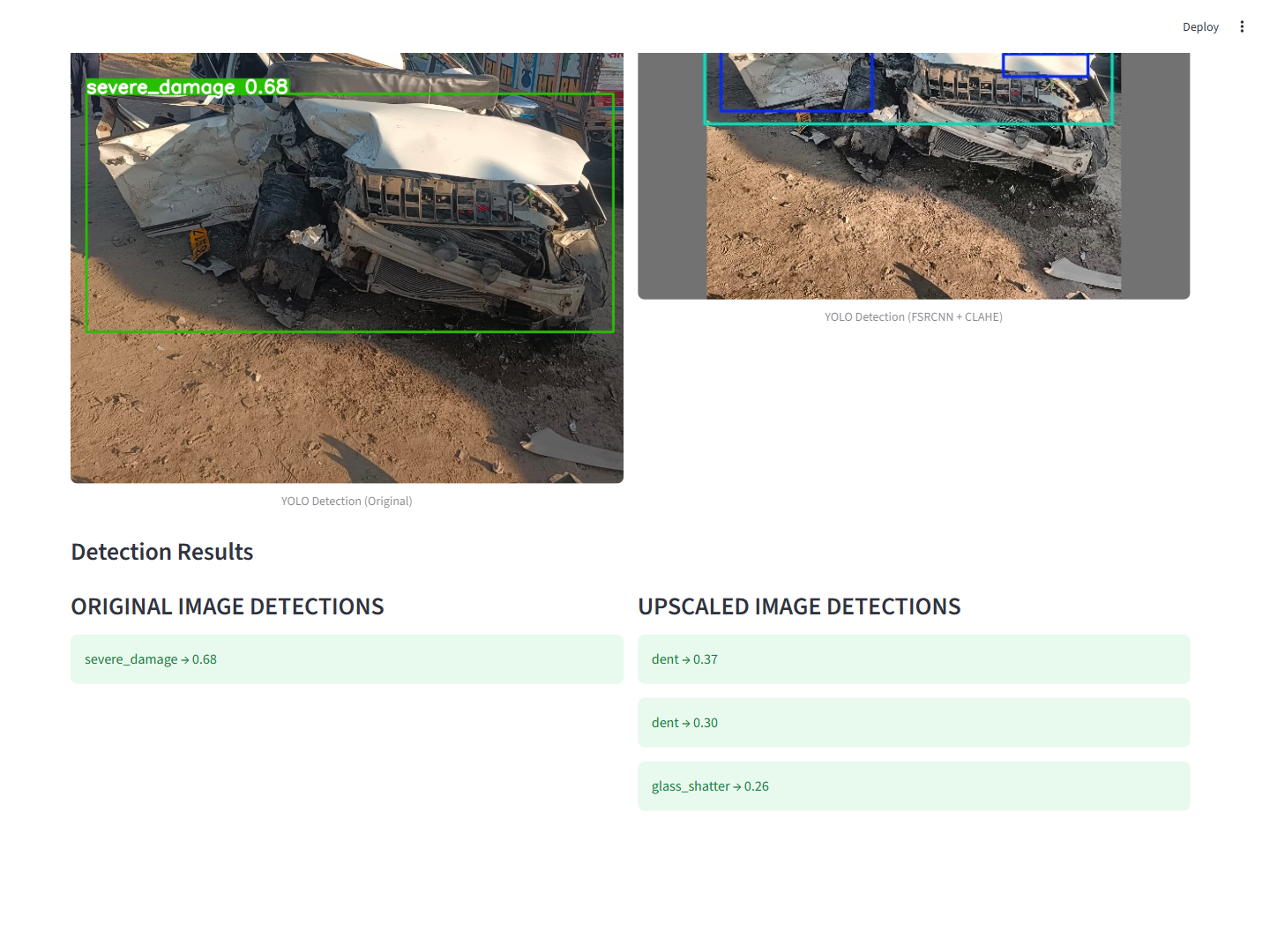 Car damage detection - front collision with severe damage and glass shatter detected