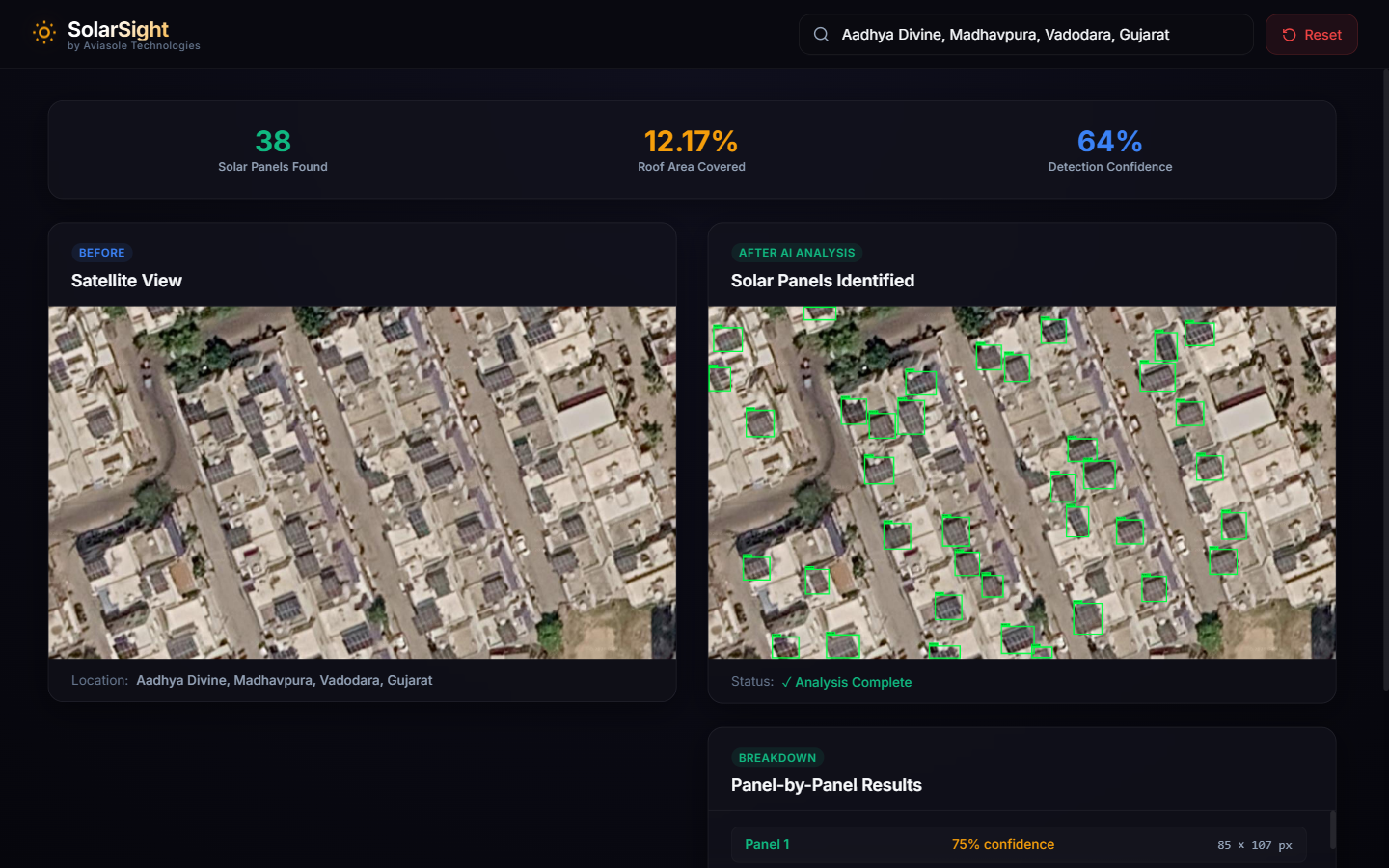 Solar panel detection - Vadodara India - 38 panels detected at 64% confidence